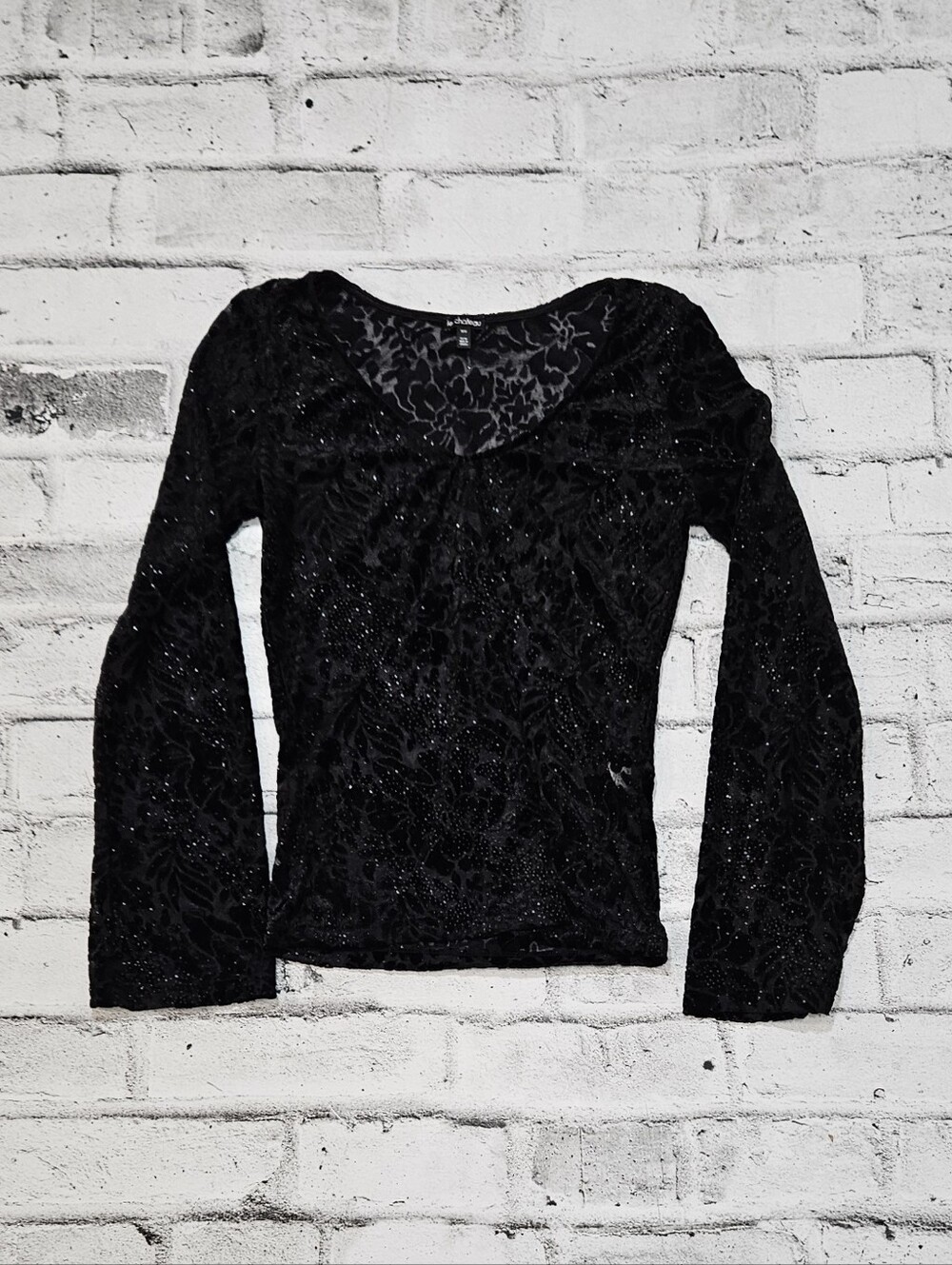 Le Chateau Black Burnout Velvet Glitter Bell Sleeve Top Medium